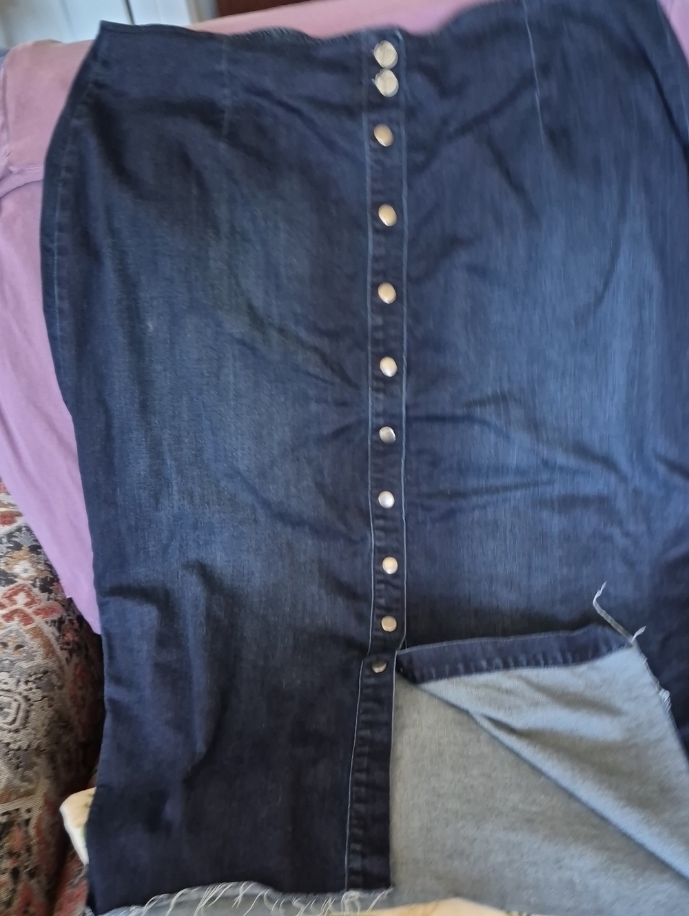 Dark Blue Denim Midi Skirt with Front Button Detail